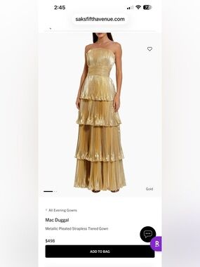 Mac Duggal Gold Metallic Pleated Tiered Maxi Gown